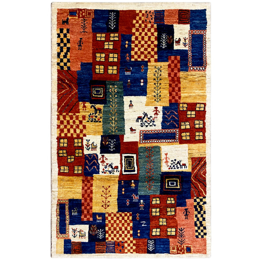 Tapete Gabbeh-Luri 158x86 cm com design patchwork em azul, vermelho e ocre
