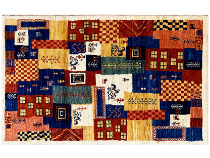 Gabbeh-Luri Teppich 158x86 cm, rechteckig, mehrfarbiges Kachelmuster mit Blau- und Rotanteil