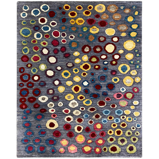 Tapete Gabbeh-Luri com fundo cinzento e padrões circulares e ovais coloridos, 205x147 cm