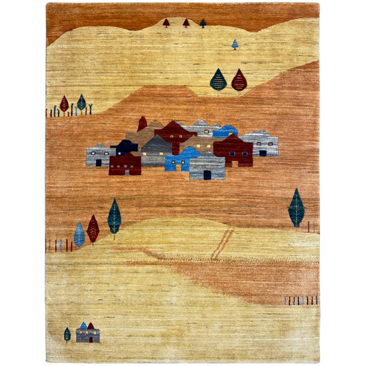 Tapete Gabbeh-Luri com padrão geométrico em castanho, bege, azul e vermelho, retangular