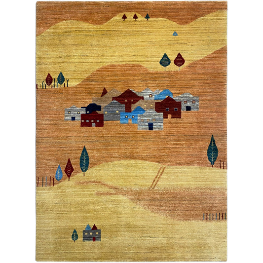 Tapete com padrão de casas e árvores em amarelo, castanho, azul e vermelho