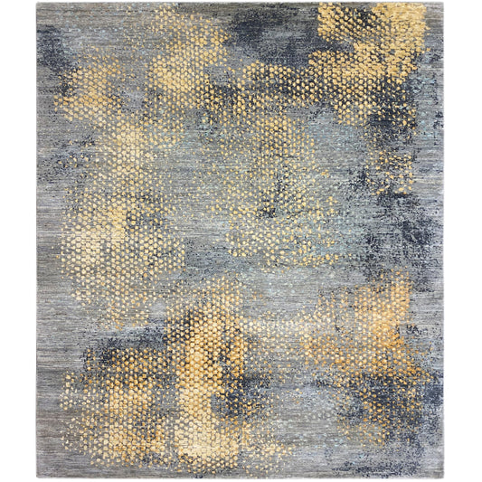 Tapete Gabbeh-Luri com padrão abstrato em tons de cinzento e dourado, tecido plano