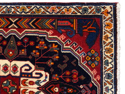 Pormenor da borda do tapete Poshti, com ornamentos coloridos e campo interior escuro