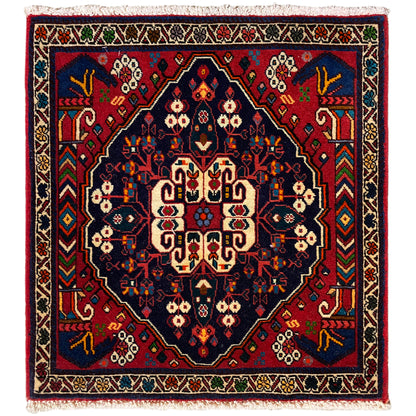Tapete Poshti 66x62 cm: padrão geométrico em azul/vermelho com franjas