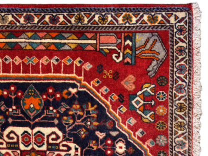Detalhe do tapete: campo ornamental vermelho e azul com borda multicolorida e franjas