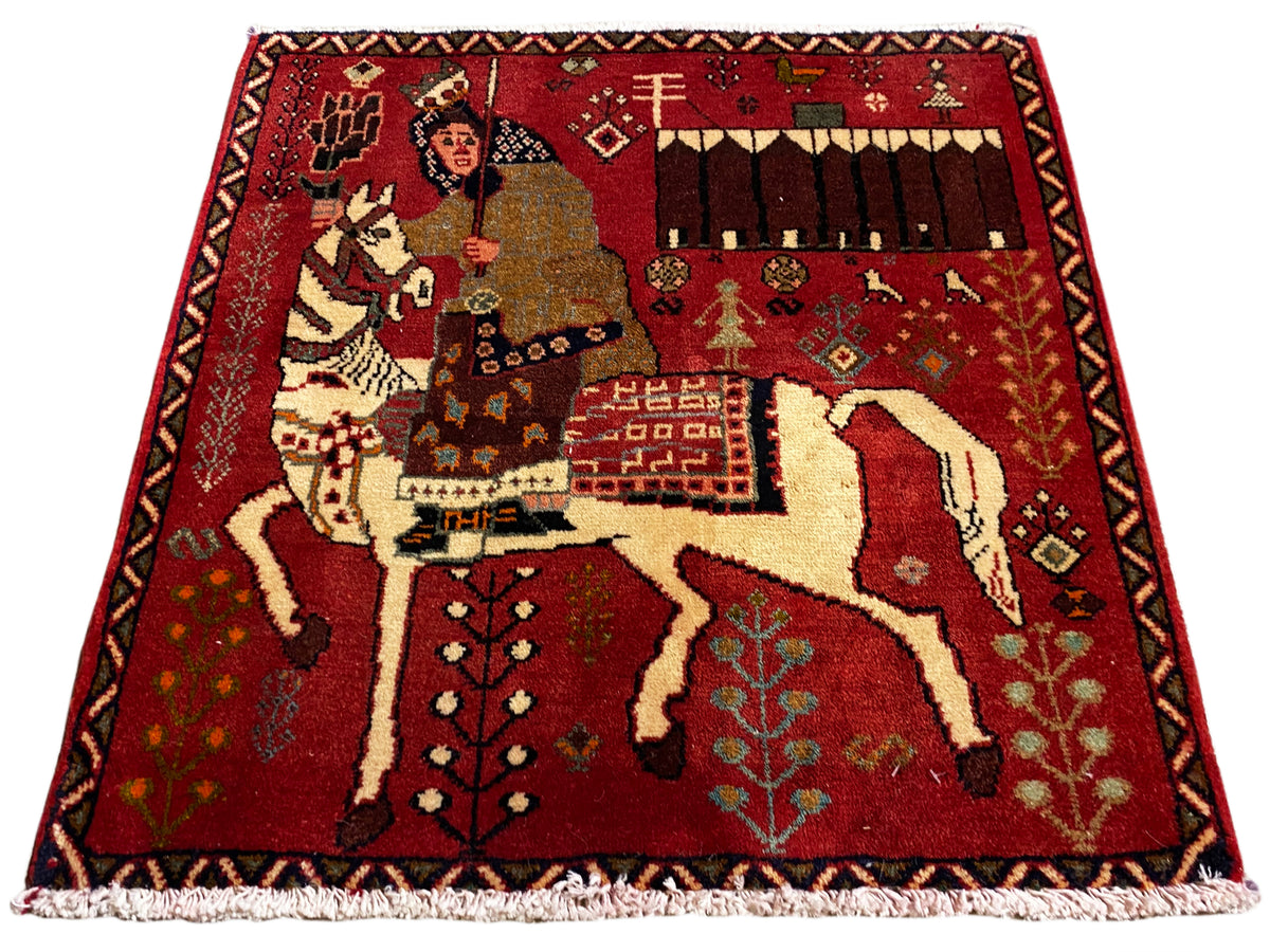 Rotbrauner Poshti-Teppich mit Fransen, Szene mit Frau und Pferd, 63x62 cm