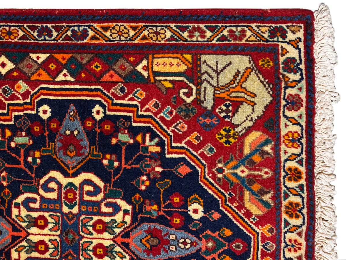 Close-up of the edge of the carpet with a blue ornamental field, red details and fringes