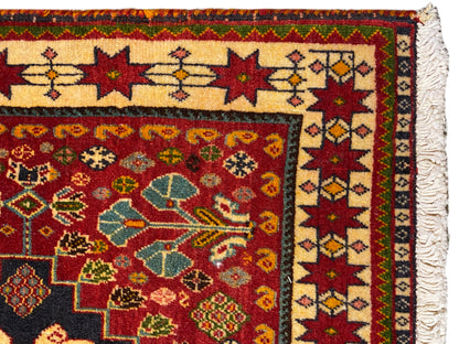 Tapete em detalhe: borda multicolorida e motivos ornamentais, franja lateral