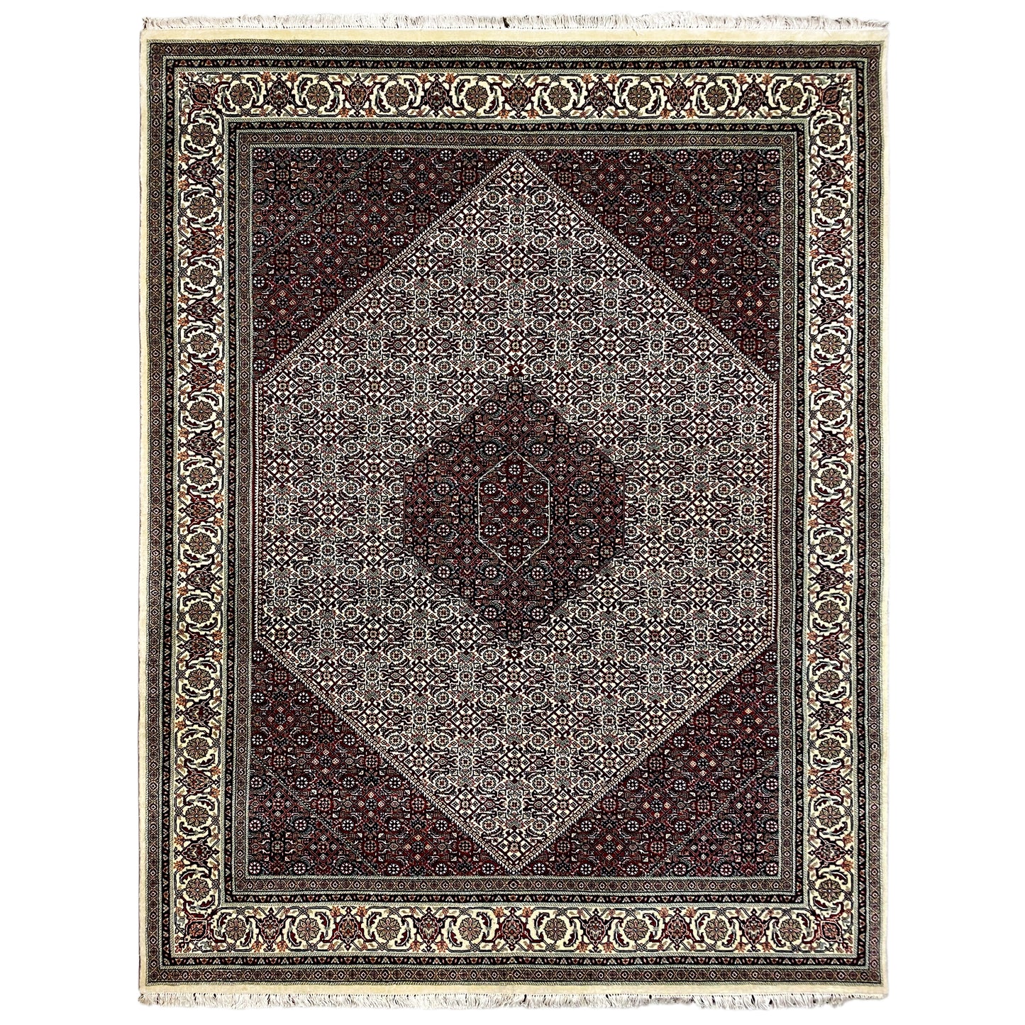 Handgeknüpfter Bidjar Teppich aus Wolle in Bordeauxrot und Creme, 295x249 cm