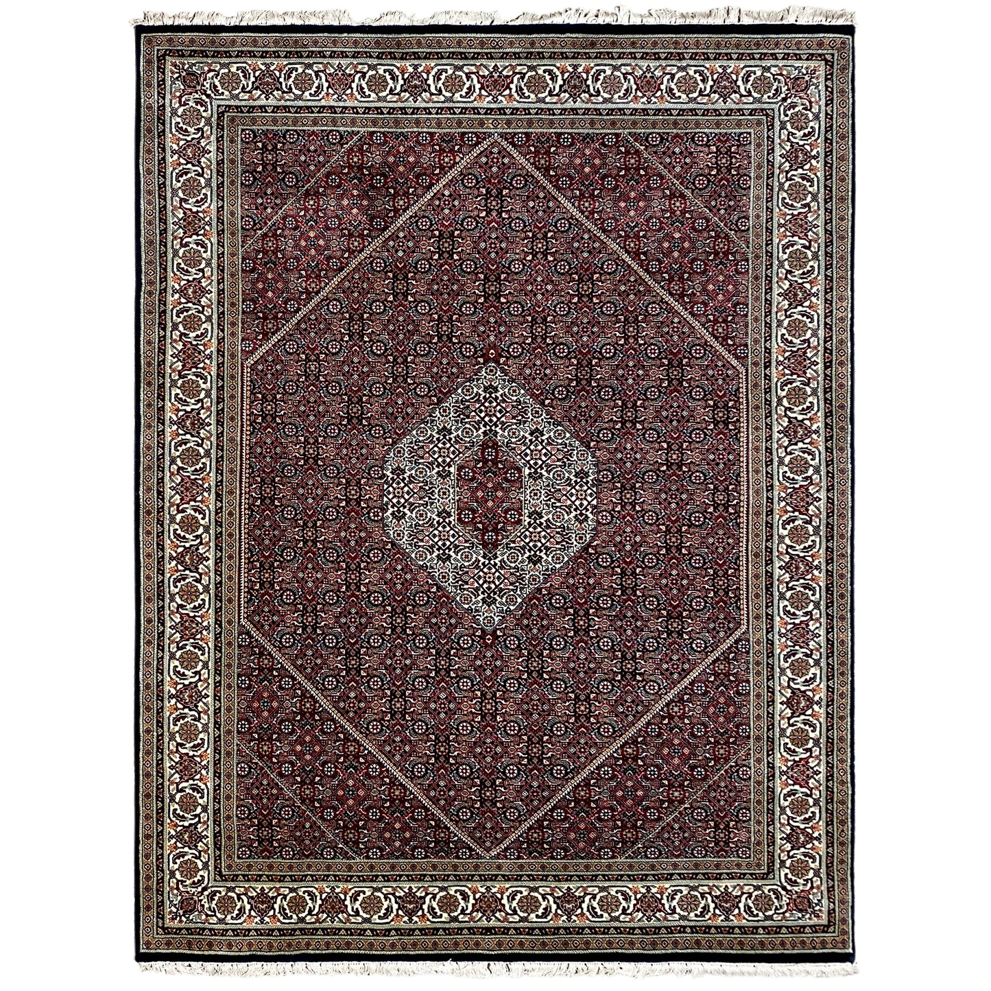 Handgeknüpfter Bidjar Teppich aus Wolle in Rot und Creme, 245x180 cm