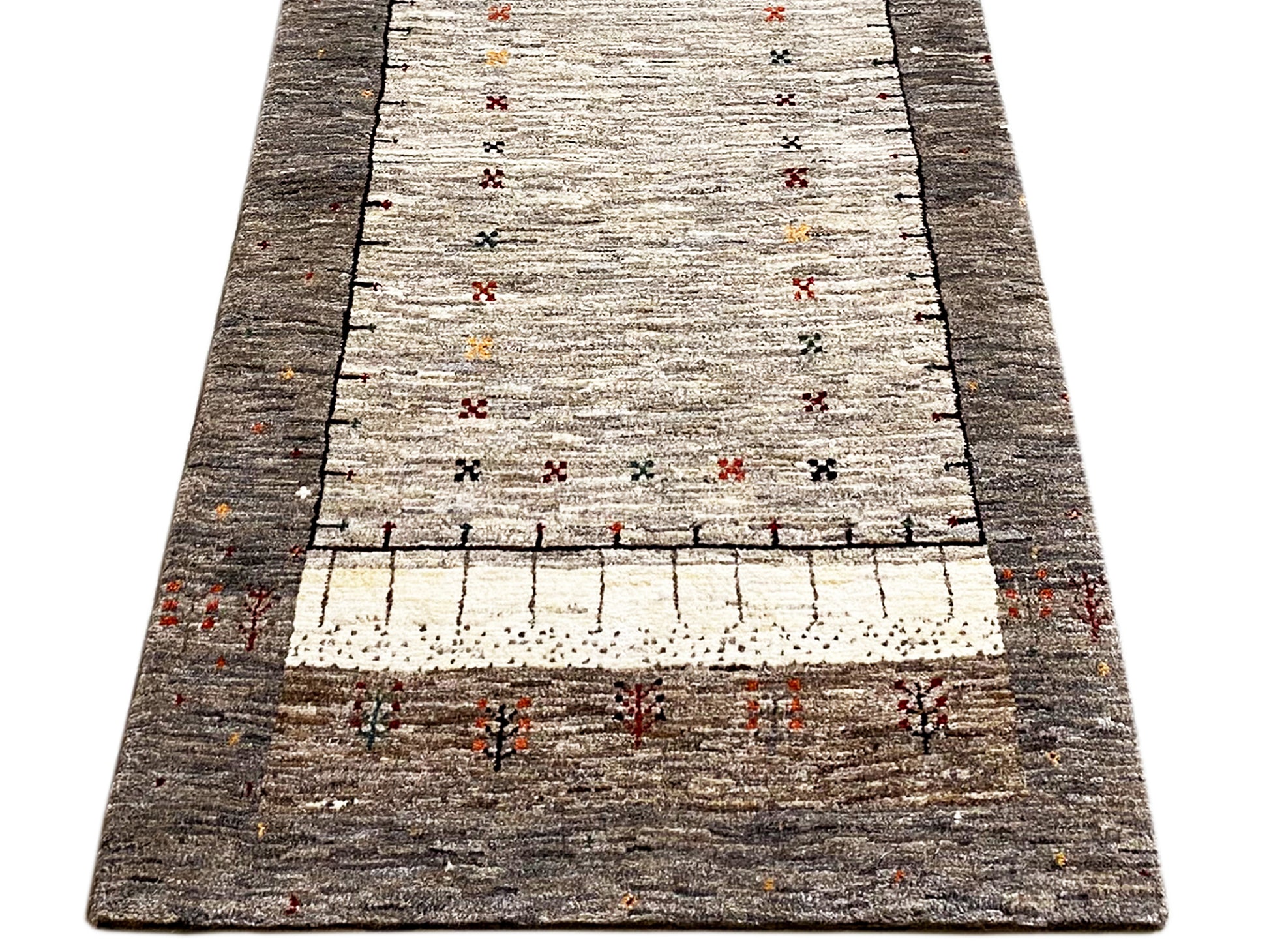 Grauer Gabbeh Teppich mit geometrischen Akzenten