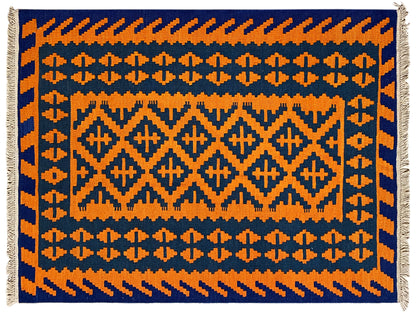 Handgewebter Kelim Teppich blau orange mit tribal Muster