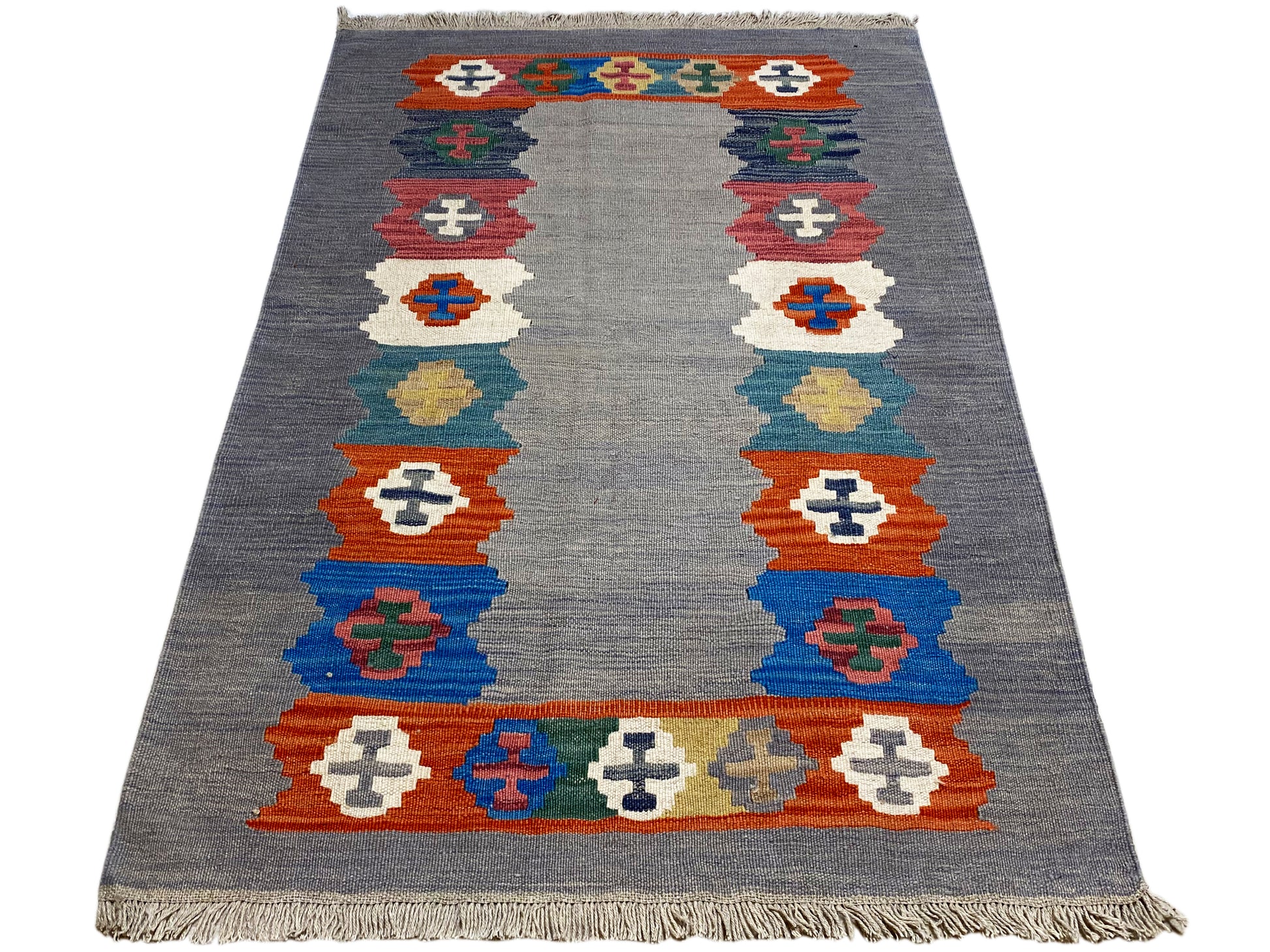 Boho Kelim Teppich grau handgewebt, traditionelles Muster 151x103