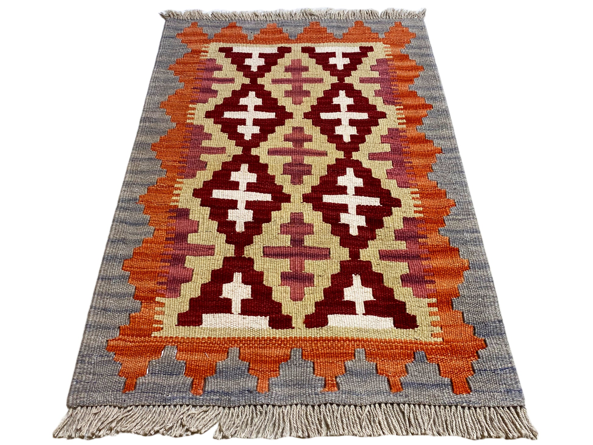 Boho Kelim Teppich 89x59 cm, handversponnene Wolle mit Bordüre