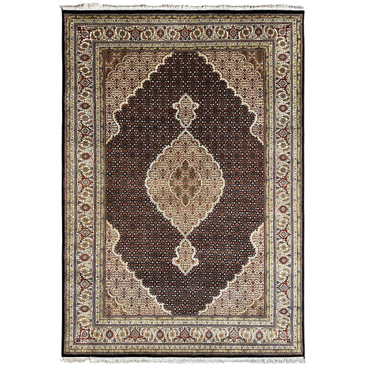 Hand-knotted Indo Tabriz rug made of wool and silk in brown and cream