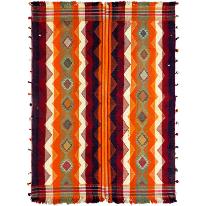 Wohnzimmer handgewebter Jajim Teppich in Orange und Rot mit markantem geometrischem Muster