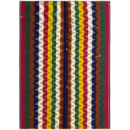 Wohnzimmer bunter Jajim Teppich handgewebt mit lebhaftem geometrischem Zickzackmuster