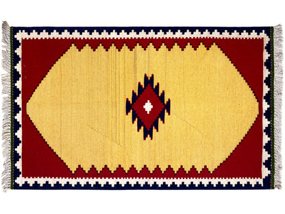 Naturwoll Kelim Teppich im Vintage Stil mit geometrischer Raute