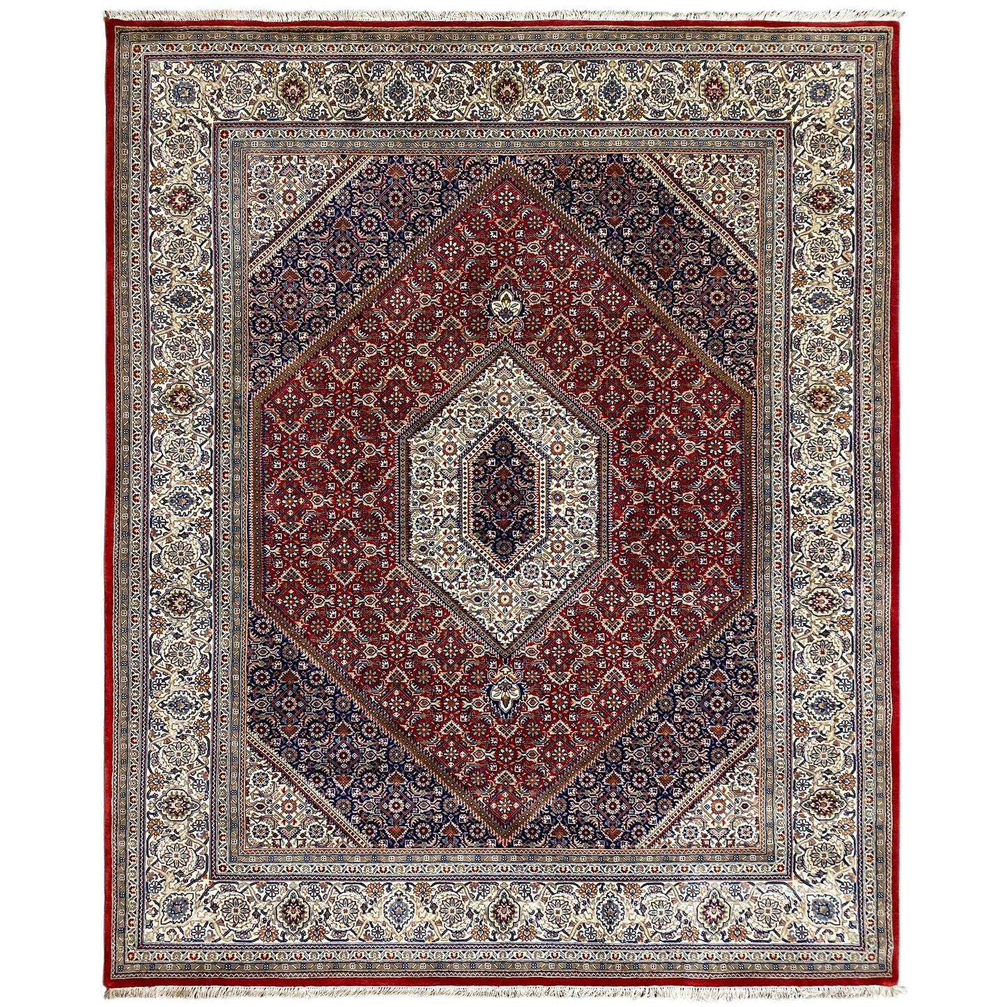 Handgeknüpfter Bidjar Teppich aus Wolle in Rot und Creme, 255x202 cm, Medaillonmuster