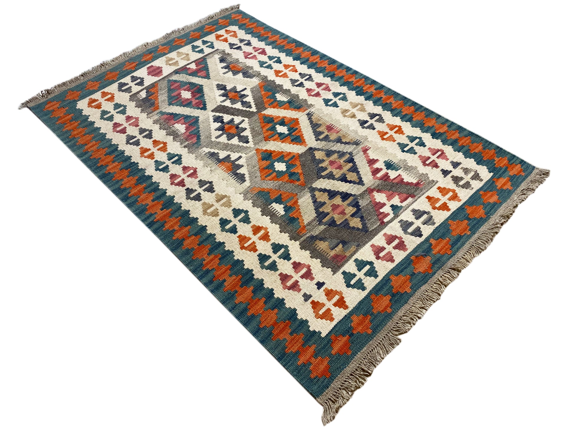 Boho Kelim Qashqai Teppich 152x104 cm, traditionelles Muster in Blau