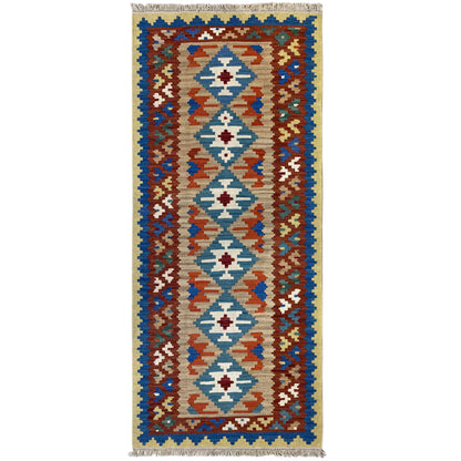 Handgewebter Kelim Qashqai Teppich blau-beige 203x84 cm Läufer