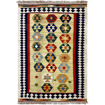 Handgewebter Kelim Qashqai Teppich in Beige 145x104 cm mit geometrischen Medaillons