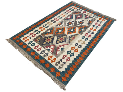 Kelim Teppich Naturwolle handgewebt, geometrische Formen in Blau und Orange